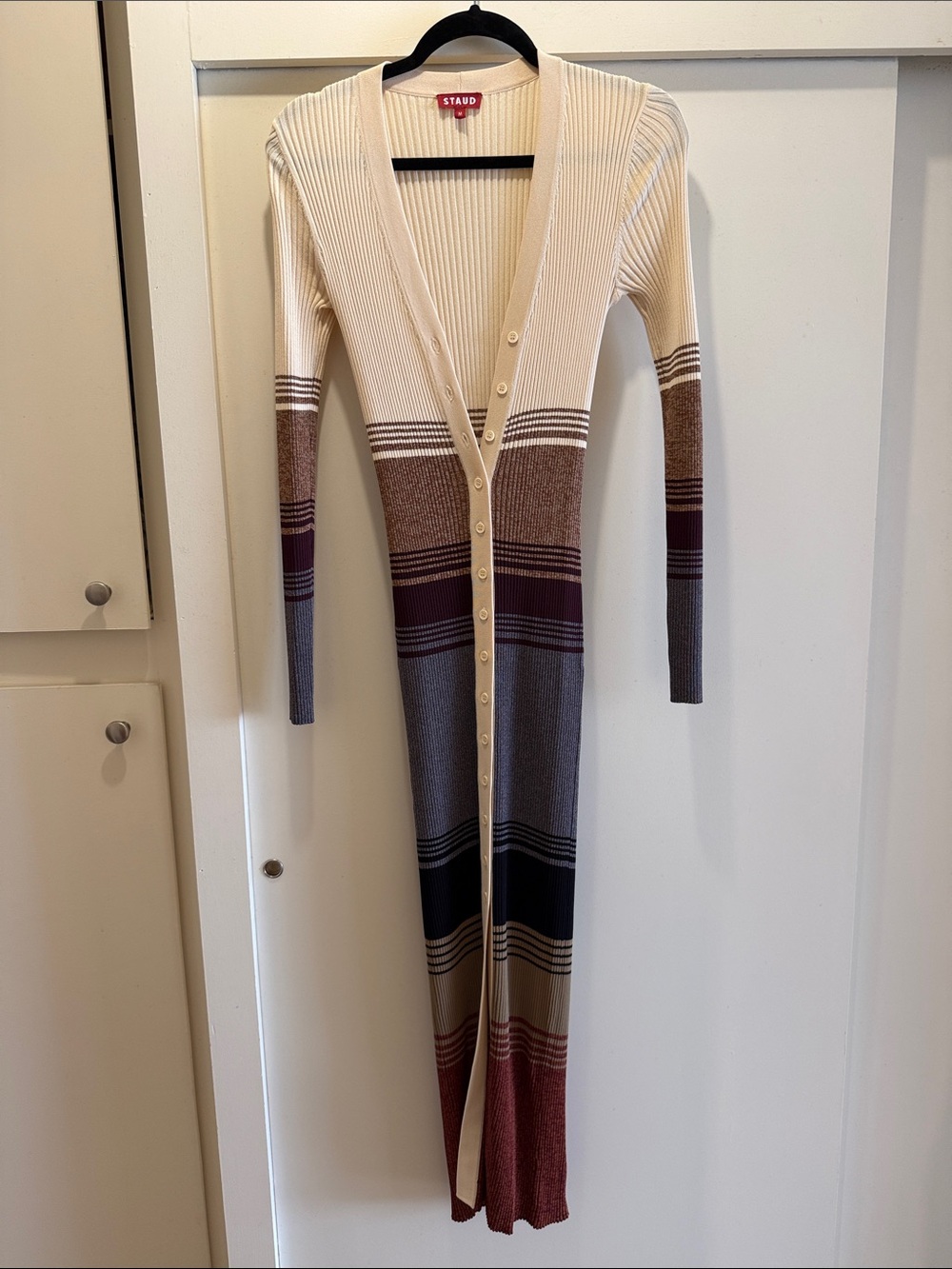 STAUD Cream Multicolor Ribbed Button-Front Maxi Dress